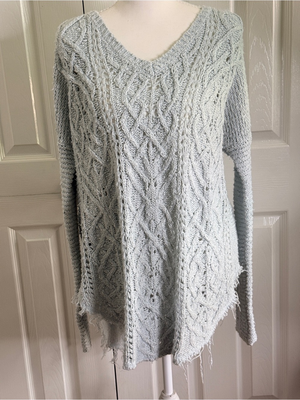Free People Cross My Heart Distressed Cable Knit Sweater Medium Blue